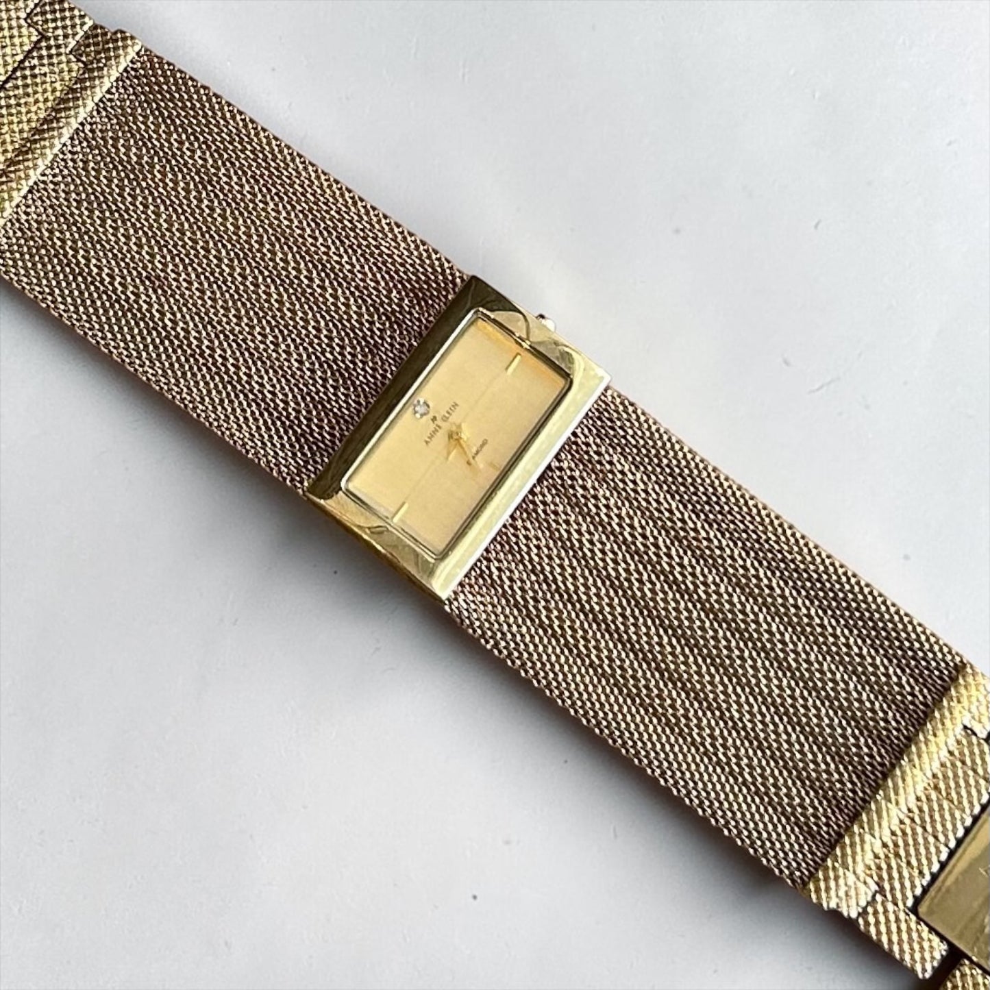 Anne Klein Gold Tone Mesh Bracelet Watch with Diamond | Late 1990s