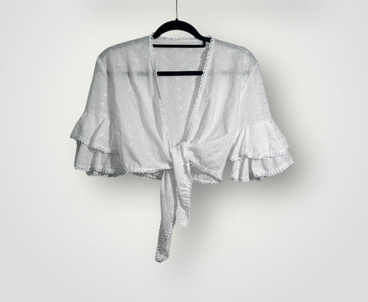 Vintage 100% Cotton White Eyelet Tie-Front Boho Blouse