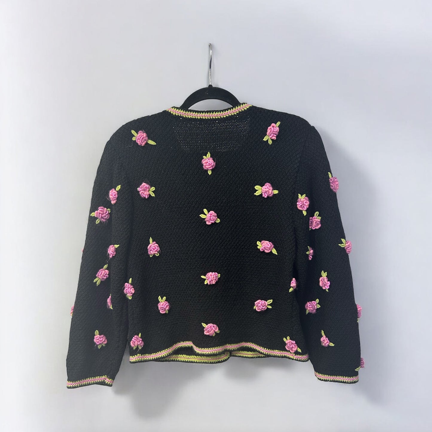Vintage Knit Cardigan with Pink Floral Embroidery