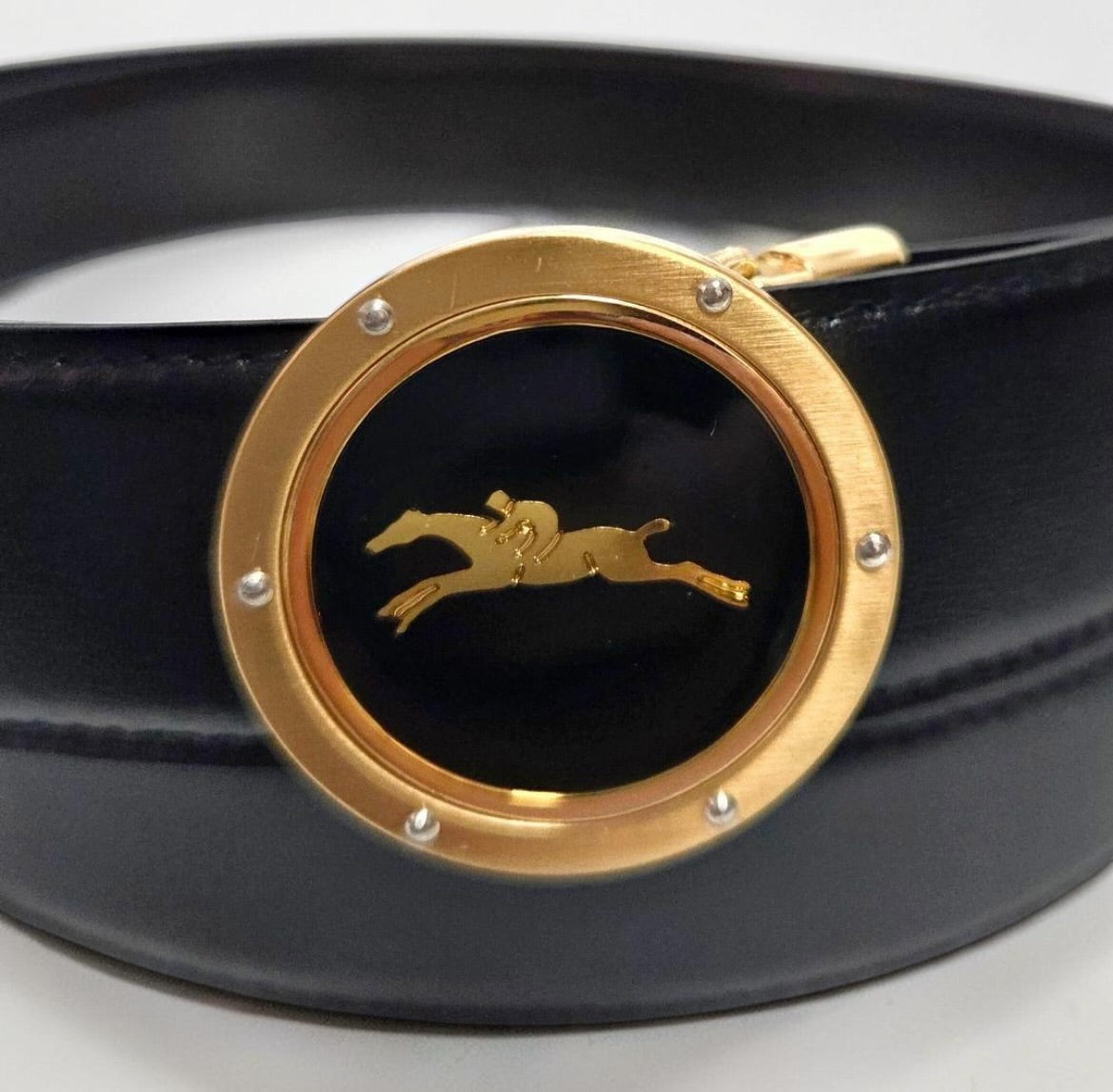 Vintage Longchamp Black Leather Belt with Medallion Buckle | Late 1980s