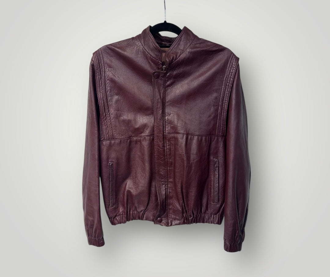 Vintage Burgundy Leather Bomber Jacket