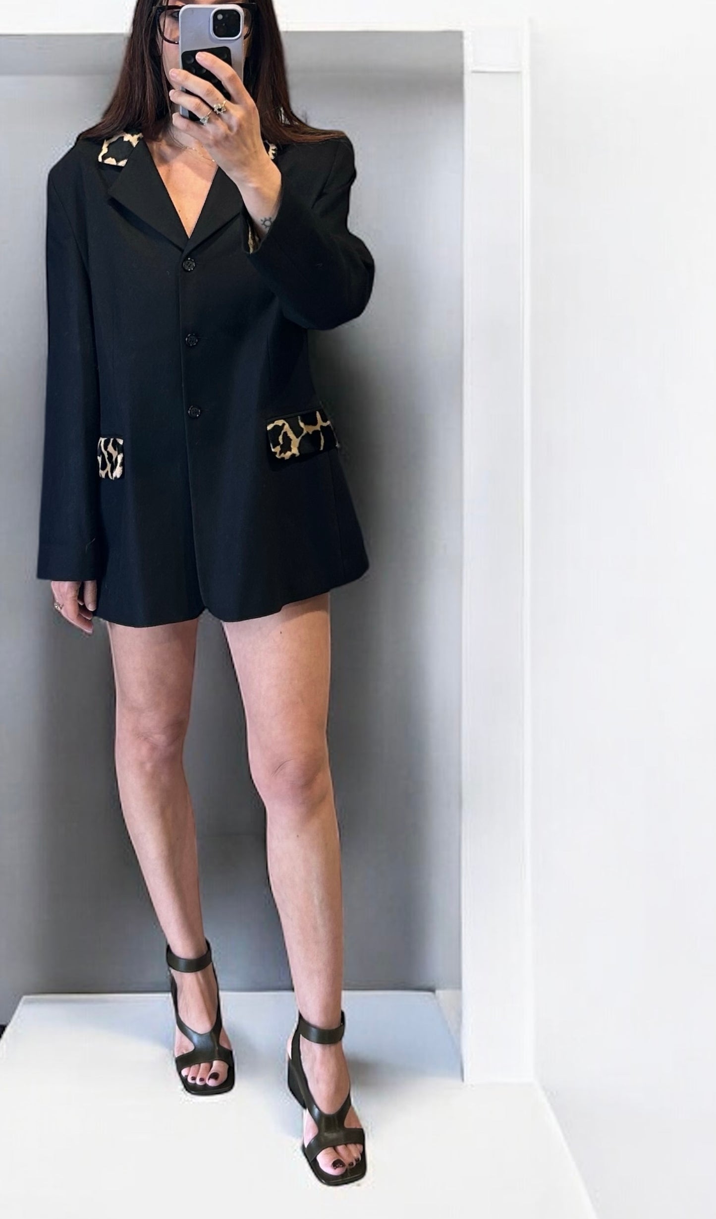 Vintage Blazer with Leopard Print Collar and Pocket Details