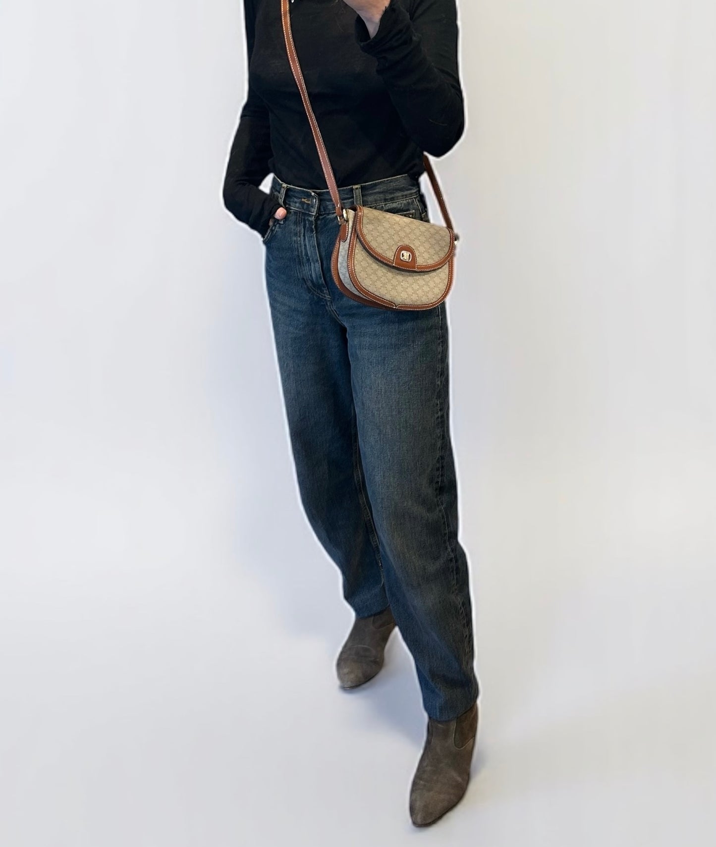 Vintage Celine Triomphe Monogram Canvas & Leather Bag