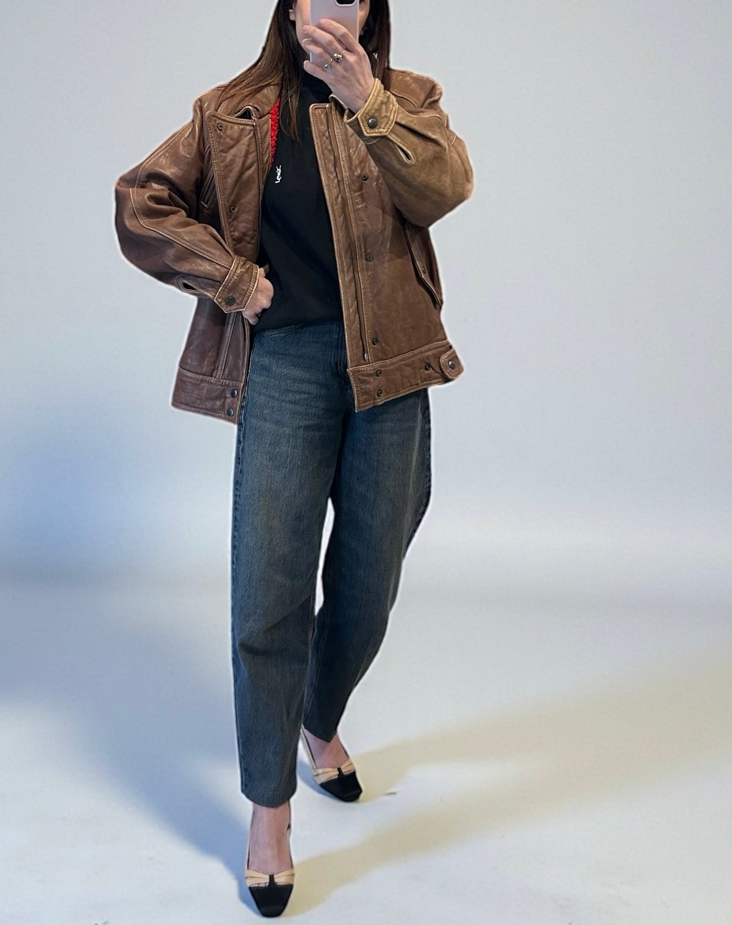 Vintage Korean Leather Jacket with Red Lining