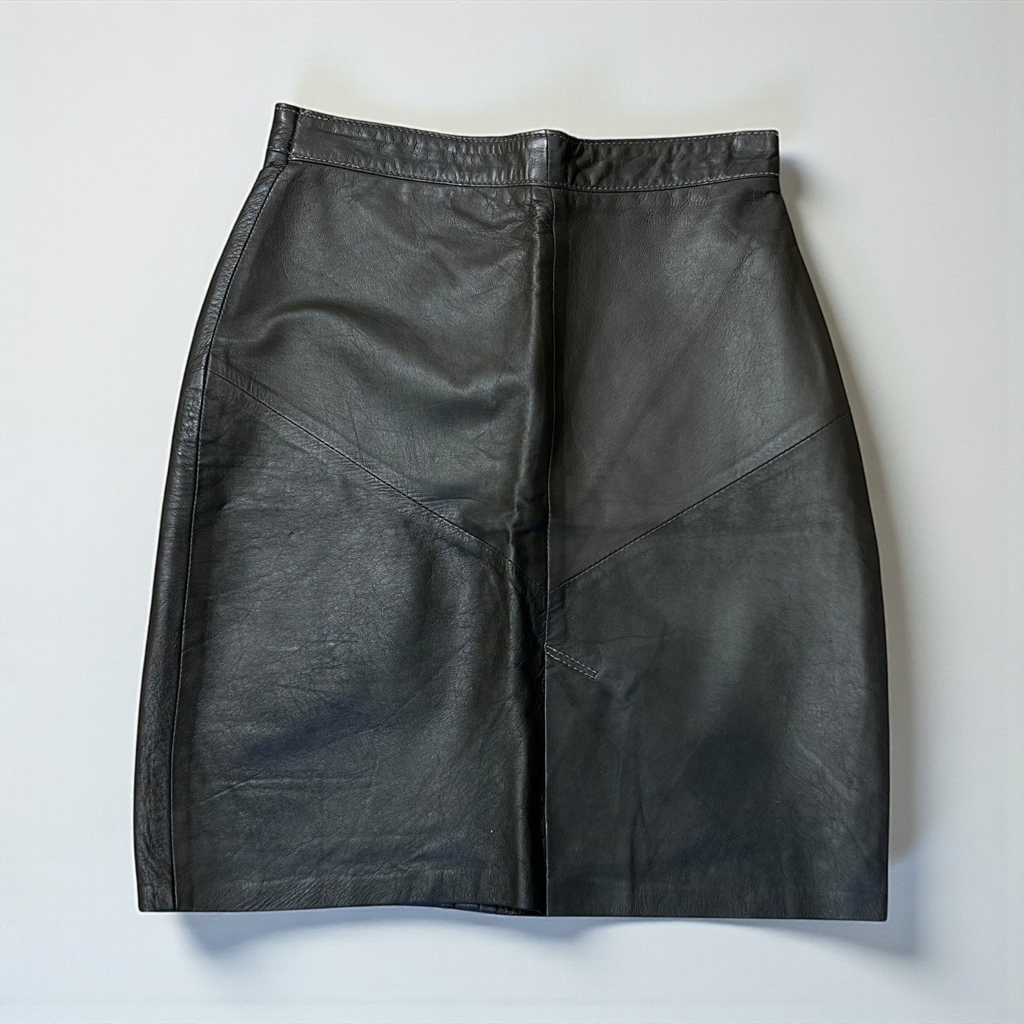 Vintage High Waist Dark Olive Leather Skirt