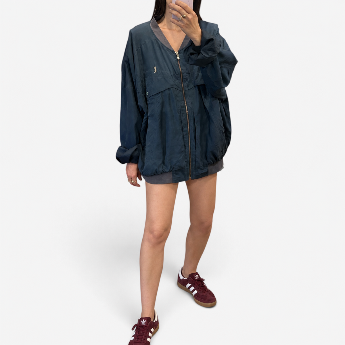 Vintage Yves Saint Laurent Blue Silk Bomber Jacket | 1990s