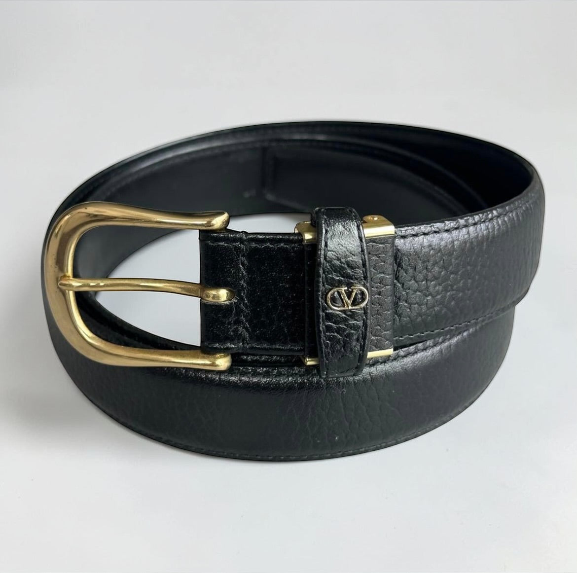 Valentino Garavani Black Leather Belt with Gold Buckle