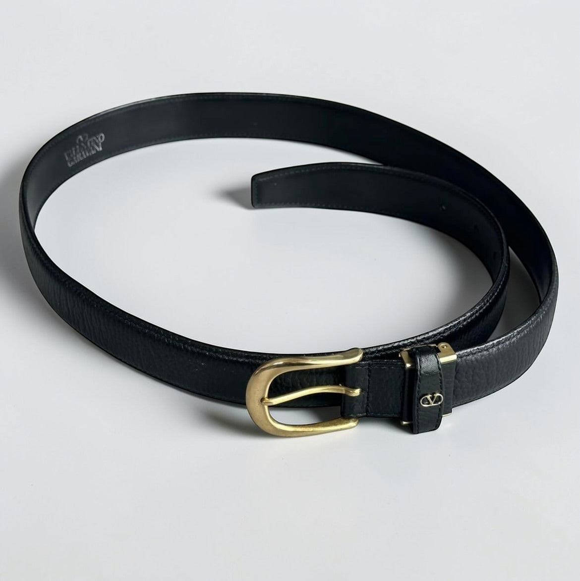 Valentino Garavani Black Leather Belt with Gold Buckle