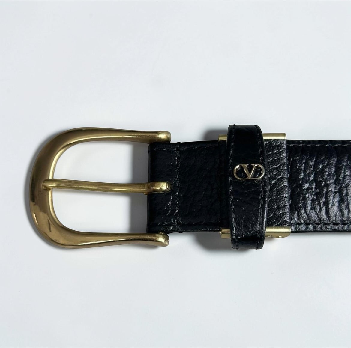 Valentino Garavani Black Leather Belt with Gold Buckle