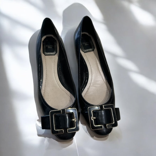 Vintage DIOR black patent buckle ballet flatה