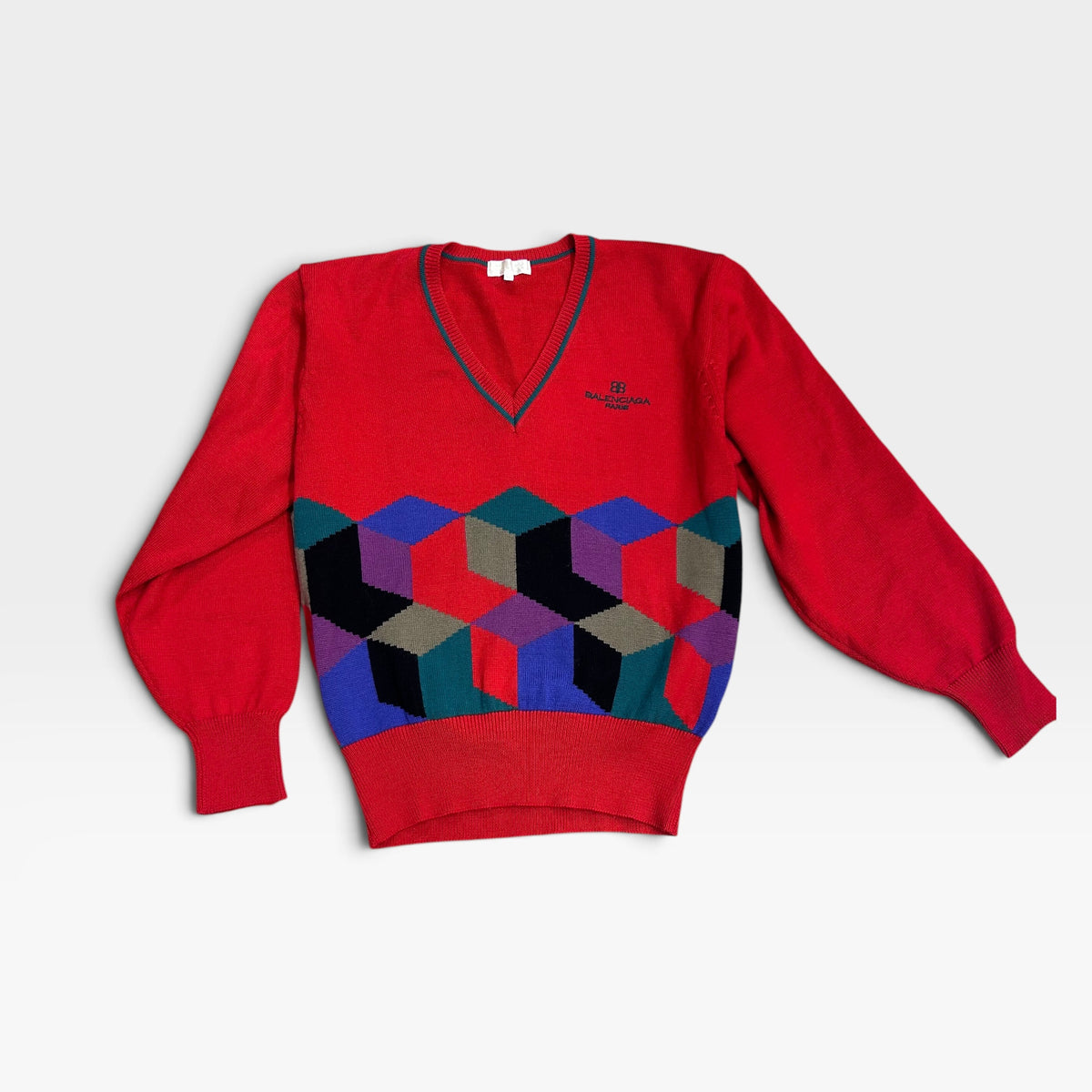 Vintage Balenciaga Golf Club Red Geometric Knit Sweater | Late 1980s